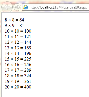 asp.net中显示1至20相同数字相乘的结果，若值比50小就不显示